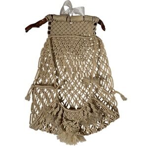 Vintage Boho Beige Macrame Wall Hanging Wood Bead Plant Hanger